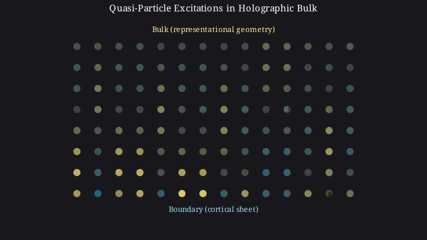 Quasi-particle excitations in a 2D holographically-encoded bulk. The boundary (cortical sheet) drives bulk excitations via the RT dictionary. Individual excitations correspond to distinct qualia; their coherence time sets the minimal duration of a conscious moment.